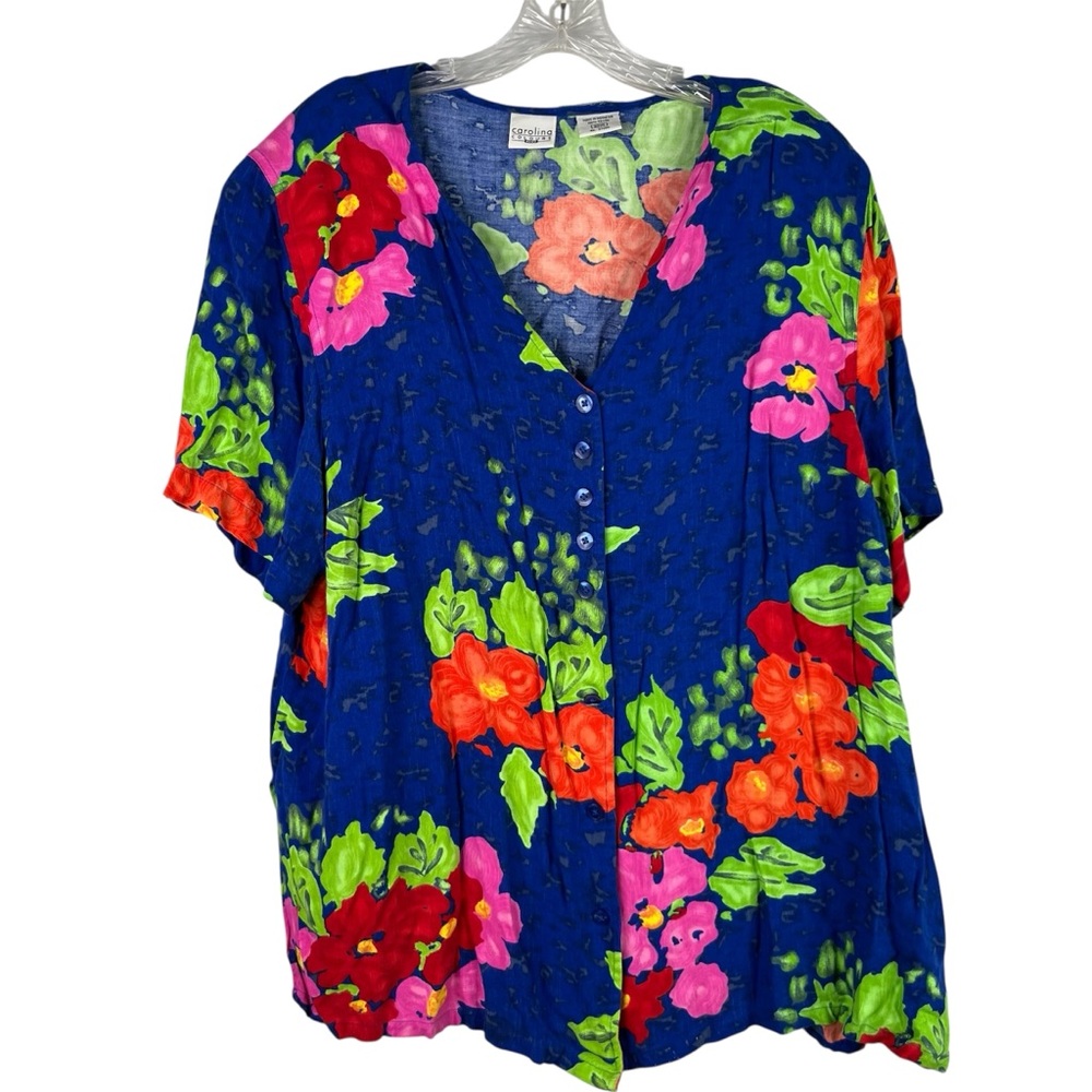 Carolina Colours Button Down Shirt Women's 20W Blue Green Floral Rayon Vintage
